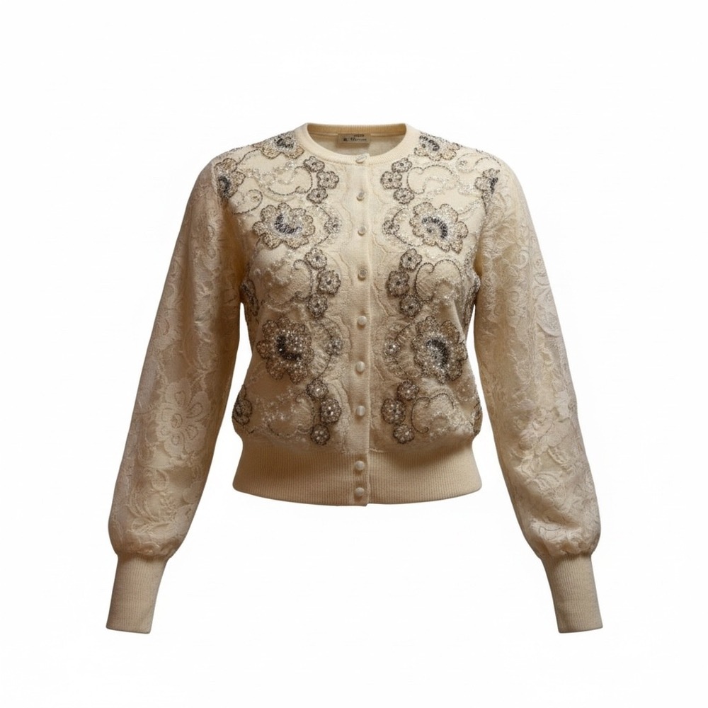 Antique Custom Made by Margot Cream Virgin Lambs Wool Beaded Lace Sweater Women